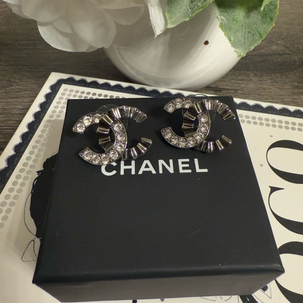 CHANEL Large Silver Crystal CC Stud Earrings